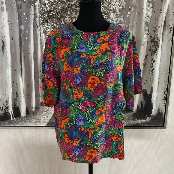 Marguerite LI Womens Multicolor 100% Silk Short Sleeve Crew Neck Blouse - Large - Picture 1 of 7